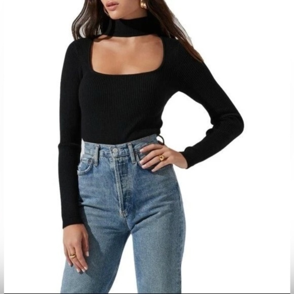Astr The Label Cutout Mock Neck Long Sleeve Sweater Black Ribbed Size M
